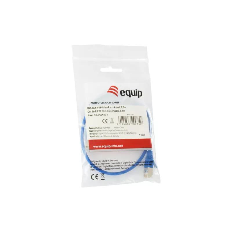 Tinklo kabelis Equip Cat.6A F/FTP plonas komutacinis kabelis RJ-45 0,5 m mėlynas