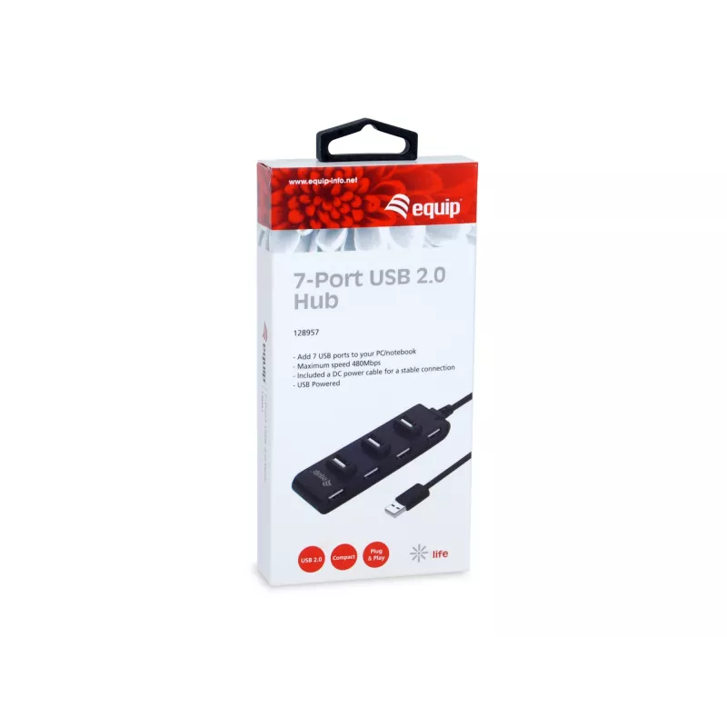 Equip 7 prievadų USB 2.0 šakotuvas, USB 2.0, USB 2.0, 480 Mbit/s, juoda, Kinija, CE, RoHS