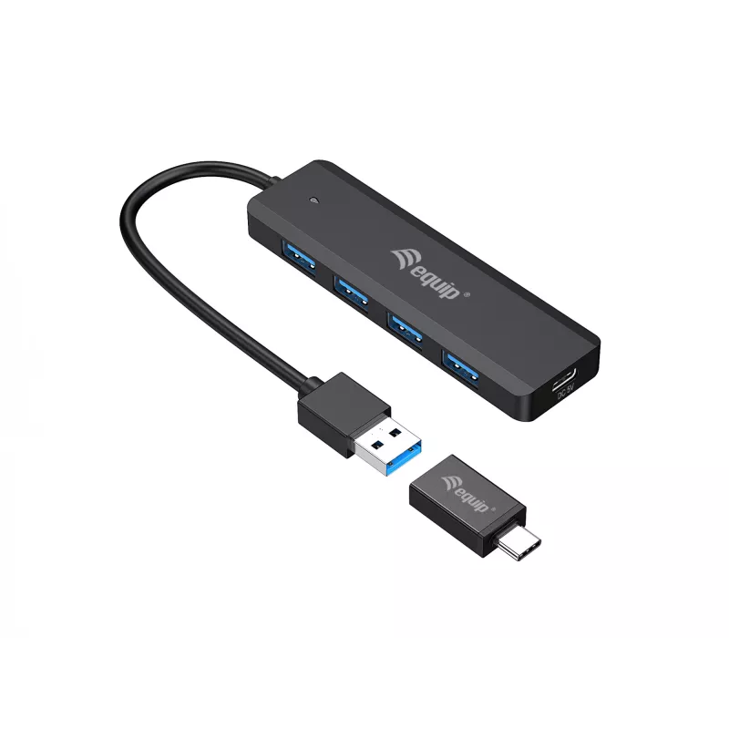 4 prievadų USB 3.2 Gen 1 šakotuvas Equip su USB-C adapteriu, juodas, 5000 Mbit/s