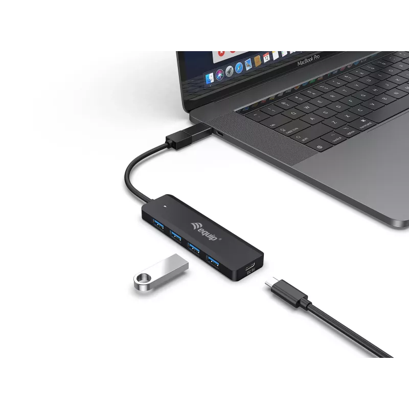 4 prievadų USB 3.2 Gen 1 šakotuvas Equip su USB-C adapteriu, juodas, 5000 Mbit/s