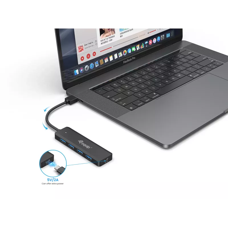 4 prievadų USB 3.2 Gen 1 šakotuvas Equip su USB-C adapteriu, juodas, 5000 Mbit/s