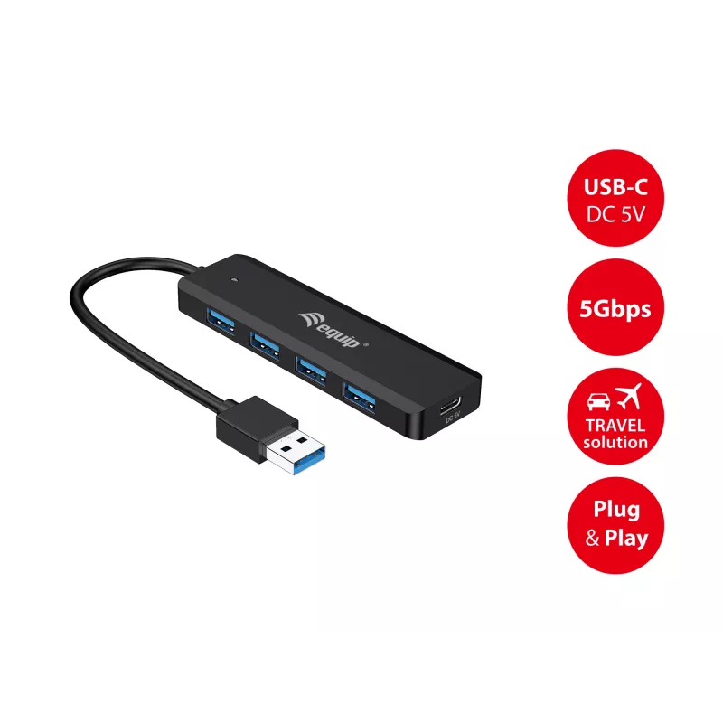 4 prievadų USB 3.2 Gen 1 šakotuvas Equip su USB-C adapteriu, juodas, 5000 Mbit/s