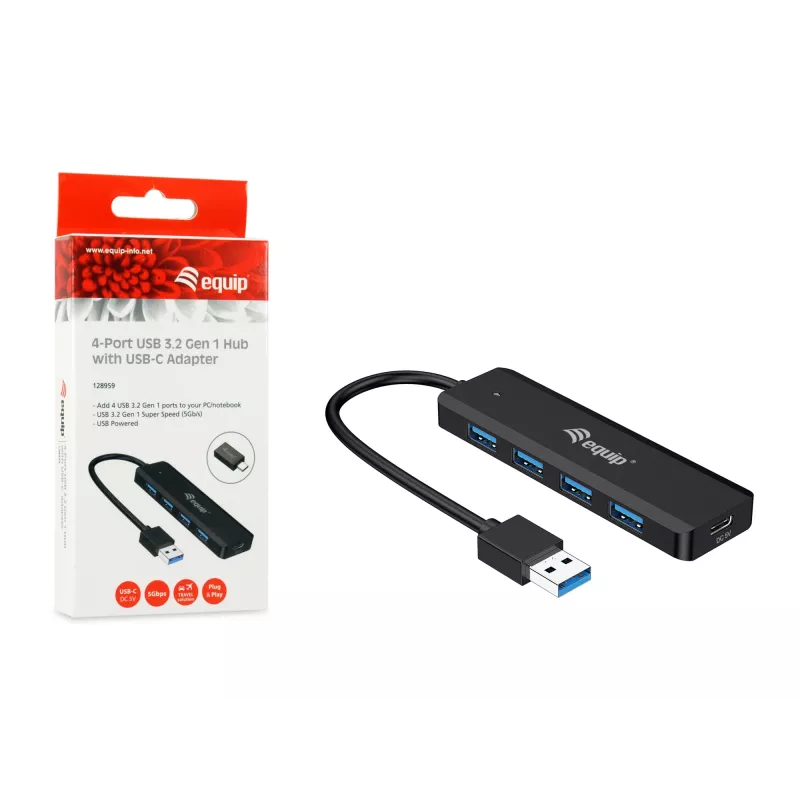 4 prievadų USB 3.2 Gen 1 šakotuvas Equip su USB-C adapteriu, juodas, 5000 Mbit/s