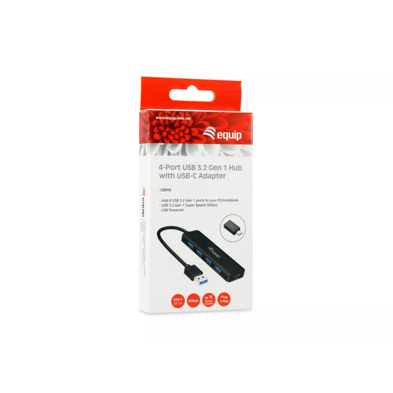 4 prievadų USB 3.2 Gen 1 šakotuvas Equip su USB-C adapteriu, juodas, 5000 Mbit/s