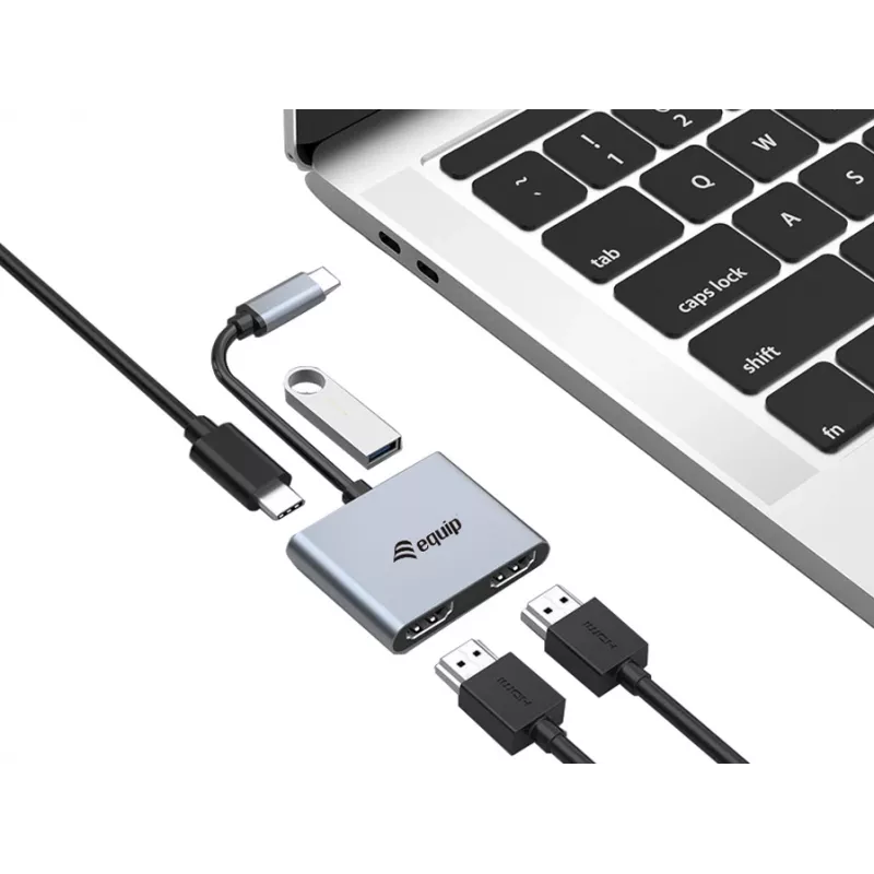 Equip USB-C 4 in 1 Dual HDMI Adapter, USB 3.2 Gen 1 (3.1 Gen 1) Type-C, sidabrinis, 4K Ultra HD, 30 Hz, HDMI, aliuminis