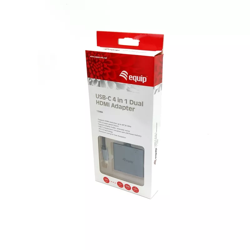 Equip USB-C 4 in 1 Dual HDMI Adapter, USB 3.2 Gen 1 (3.1 Gen 1) Type-C, sidabrinis, 4K Ultra HD, 30 Hz, HDMI, aliuminis