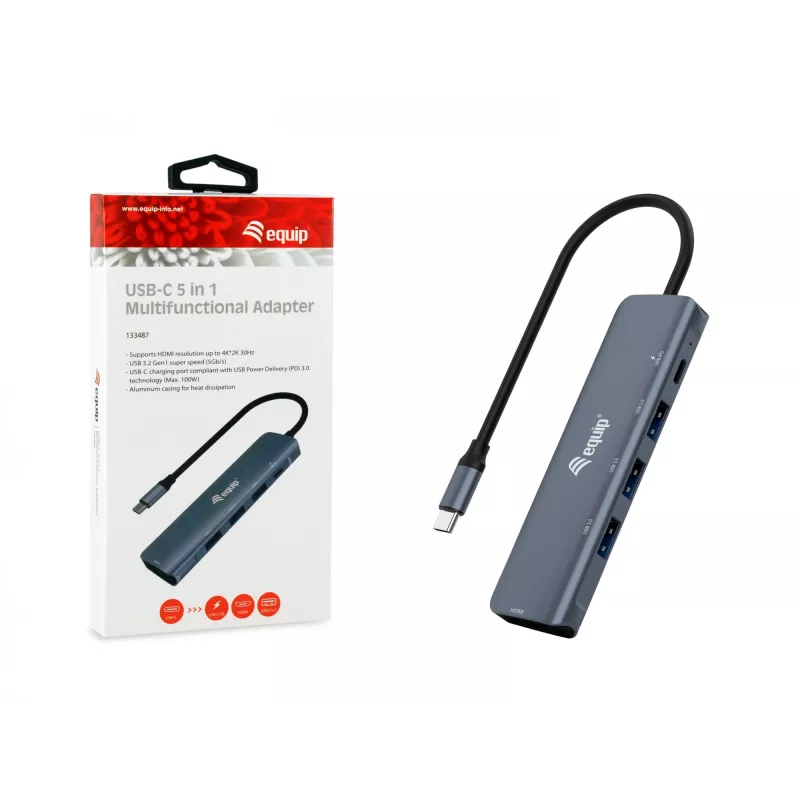 Equip USB-C 5-in-1 DAUGIAFUNKCIS adapteris, HDMI, USB 3.2 GEN1, 100W USB PD