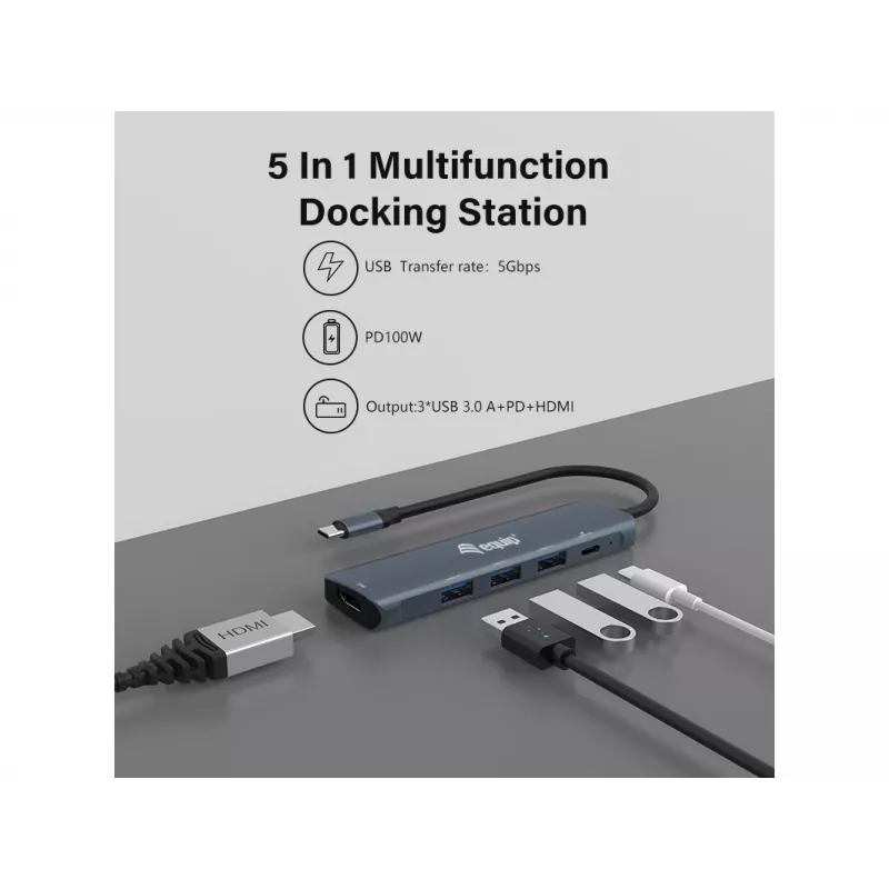 Equip USB-C 5-in-1 DAUGIAFUNKCIS adapteris, HDMI, USB 3.2 GEN1, 100W USB PD