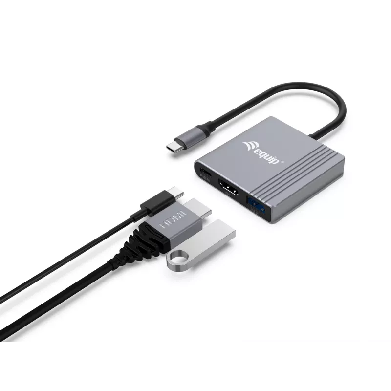 Equip 3-in-1 USB-C į HDMI / USB-A / USB PD adapteris, 3.2 Gen 1 (3.1 Gen 1), USB Type-C, HDMI išvestis, 3840 x 2160 pikselių