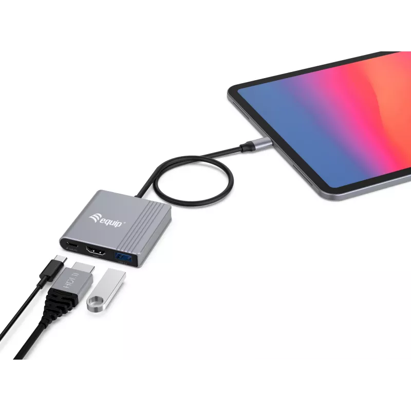 Equip 3-in-1 USB-C į HDMI / USB-A / USB PD adapteris, 3.2 Gen 1 (3.1 Gen 1), USB Type-C, HDMI išvestis, 3840 x 2160 pikselių