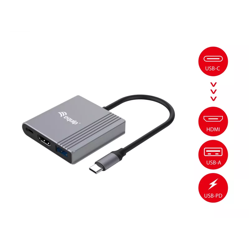 Equip 3-in-1 USB-C į HDMI / USB-A / USB PD adapteris, 3.2 Gen 1 (3.1 Gen 1), USB Type-C, HDMI išvestis, 3840 x 2160 pikselių