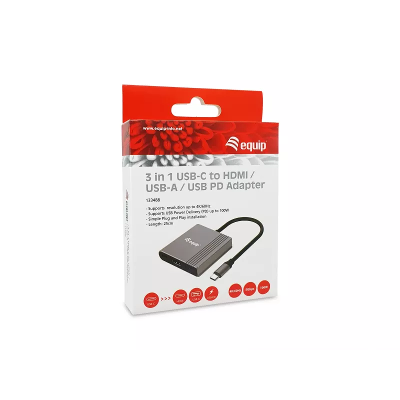 Equip 3-in-1 USB-C į HDMI / USB-A / USB PD adapteris, 3.2 Gen 1 (3.1 Gen 1), USB Type-C, HDMI išvestis, 3840 x 2160 pikselių