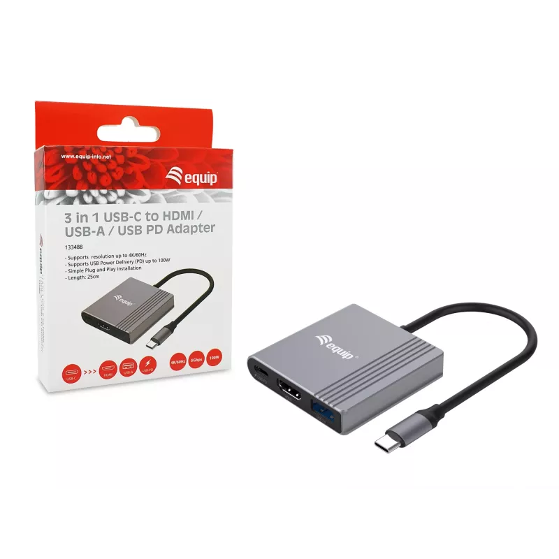Equip 3-in-1 USB-C į HDMI / USB-A / USB PD adapteris, 3.2 Gen 1 (3.1 Gen 1), USB Type-C, HDMI išvestis, 3840 x 2160 pikselių