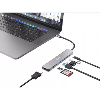 Equip USB-C 7-in-1 daugiafunkcis adapteris, HDMI 4K/60Hz, USB 3.2 Gen1 x 3, TF/MICRO SD, 100W USB PD