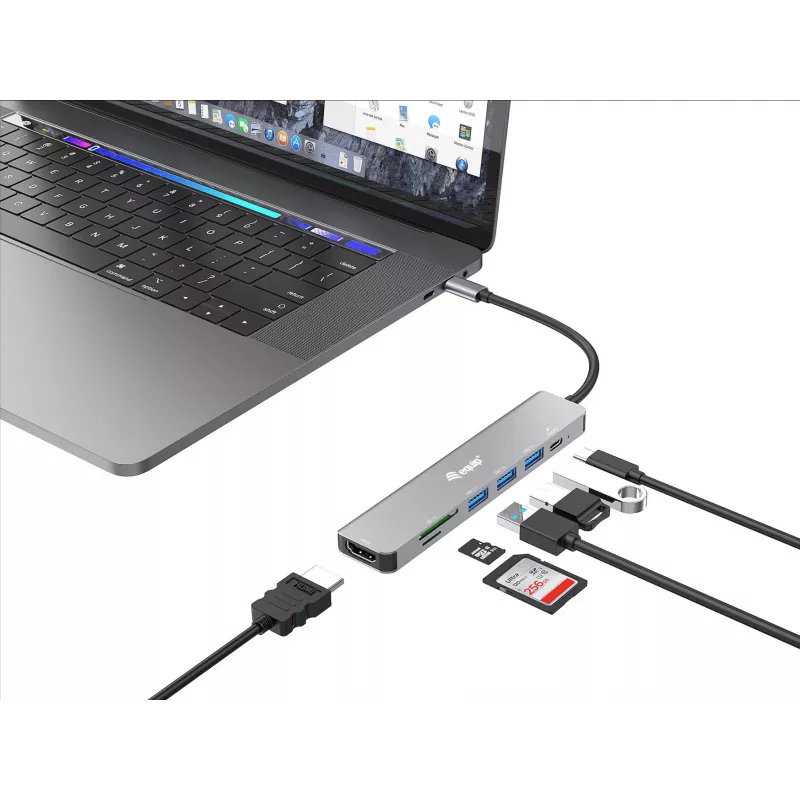 Equip USB-C 7-in-1 daugiafunkcis adapteris, HDMI 4K/60Hz, USB 3.2 Gen1 x 3, TF/MICRO SD, 100W USB PD