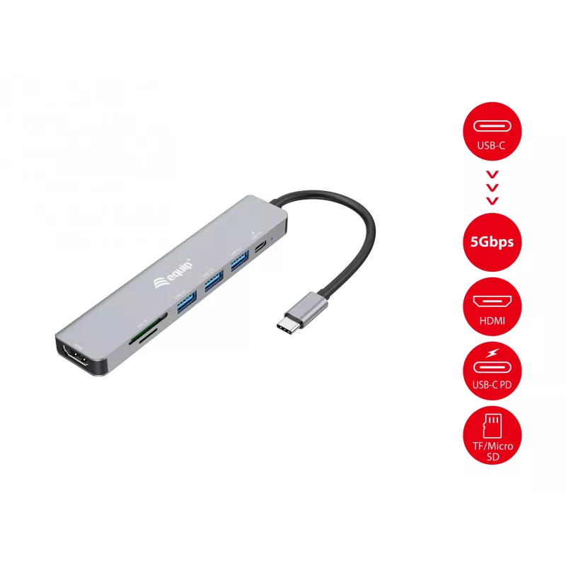 Equip USB-C 7-in-1 daugiafunkcis adapteris, HDMI 4K/60Hz, USB 3.2 Gen1 x 3, TF/MICRO SD, 100W USB PD