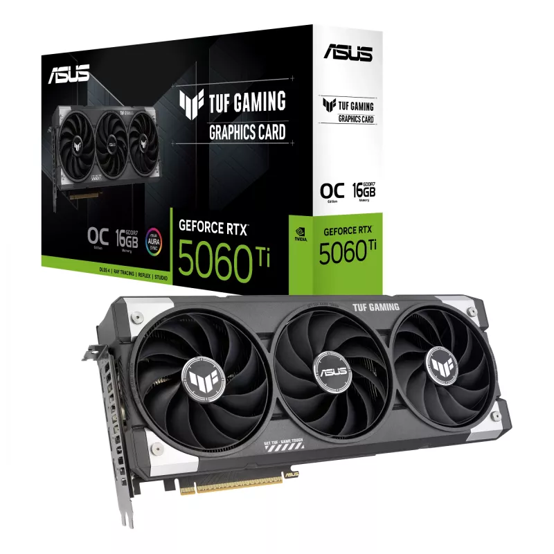 Vaizdo plokštė ASUS GeForce RTX 5060 Ti — 16 GB GDDR7, PCIe 5.0, 128 bitų, 3xDP 2.1b + 1xHDMI 2.1b, 302 mm, 3 ventiliatoriai