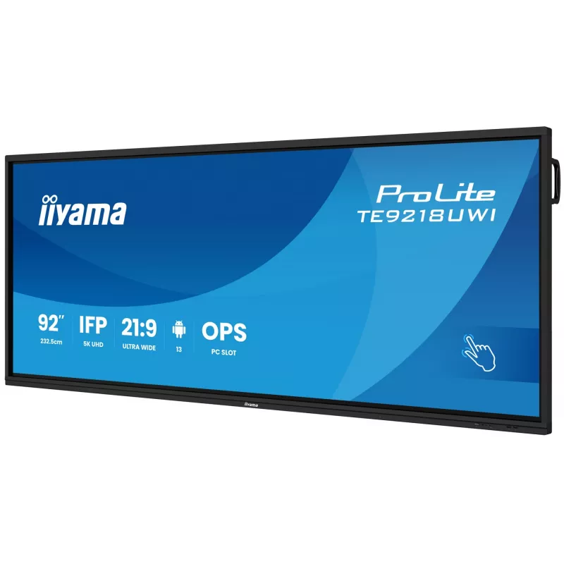 iiyama TE9218UWI-B1AG Signage Display Kiosk dizainas 2,32 m (91,5 col.) LED Wi-Fi 500 cd/m² 5K Ultra HD Juodas Liečiamasis ekranas Integruotas procesorius Android 16/7