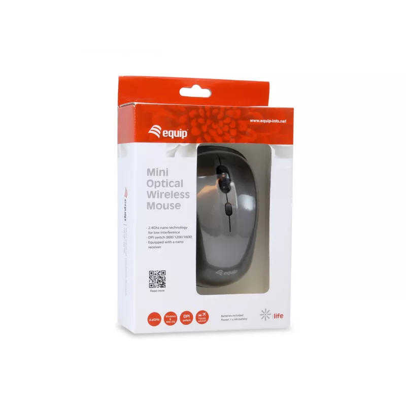 „Equip“ mini optinė belaidė pelė, abiem rankoms tinkama, optinė, RF belaidė, 1600 DPI, pilka