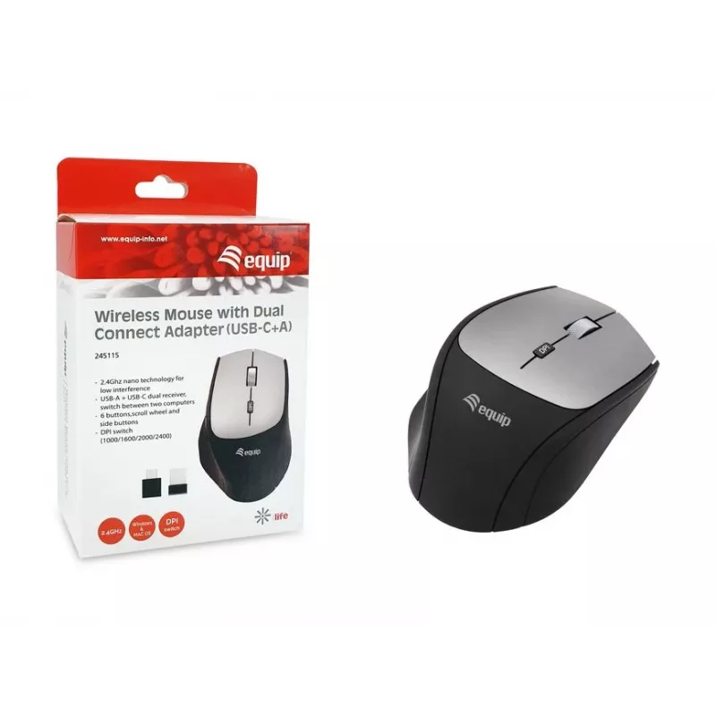 Equip 245115 belaidė pelė su dvigubo prijungimo adapteriu (USB-C+A)