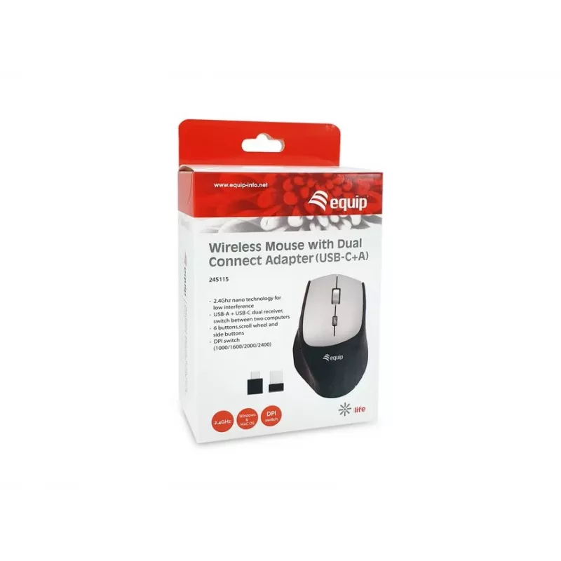 Equip 245115 belaidė pelė su dvigubo prijungimo adapteriu (USB-C+A)