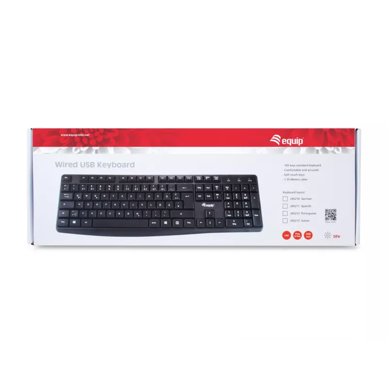 Equip Wired USB klaviatūra, Full-size (100%), Wired, USB, QWERTY, Juoda