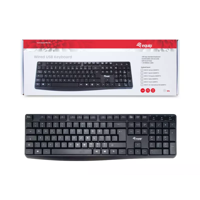 Equip laidinė USB klaviatūra, JAV/tarptautinis išdėstymas (QWERTY), pilno dydžio (100 %), laidinė, USB, QWERTY, juoda