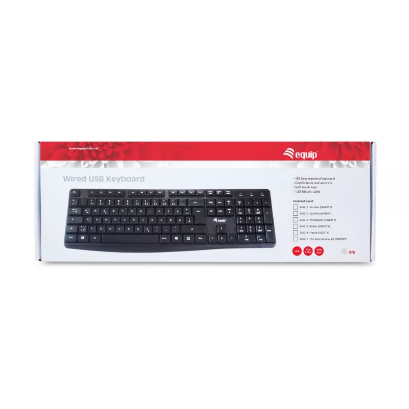 Equip laidinė USB klaviatūra, JAV/tarptautinis išdėstymas (QWERTY), pilno dydžio (100 %), laidinė, USB, QWERTY, juoda