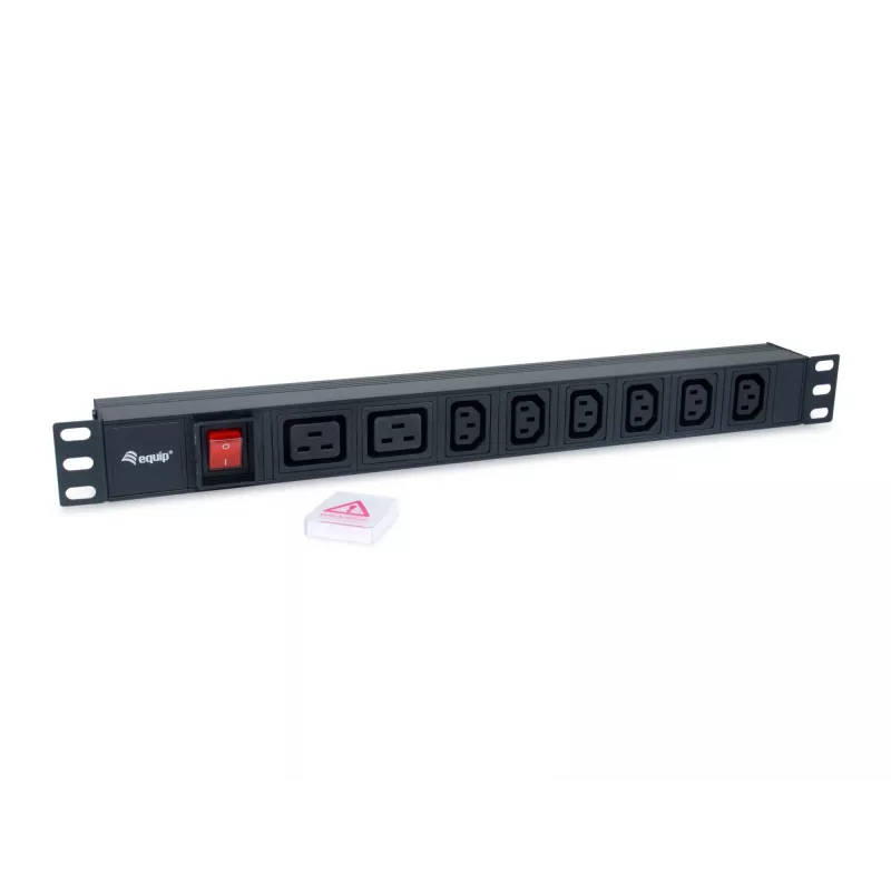 Equip 8 lizdų maitinimo skirstytuvas, 6 x IEC-C13 + 2 x IEC-C19, įjungimo/išjungimo jungiklis, aliuminio korpusas