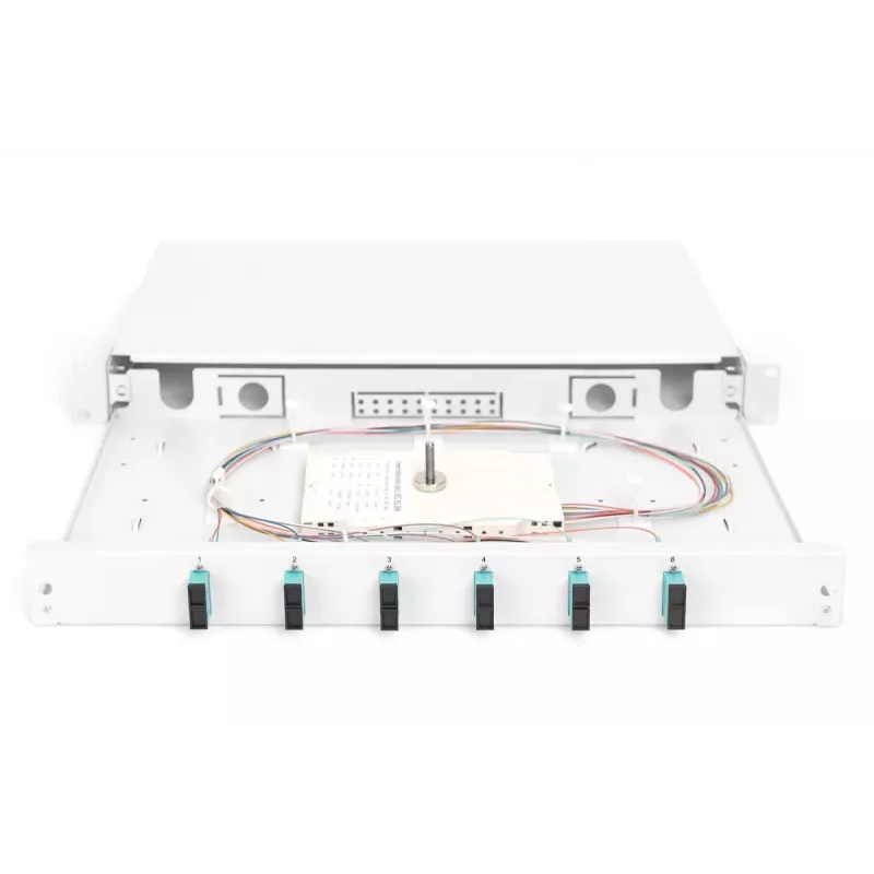 DIGITUS Fiber Optic Sliding Splice Box, 1U, Equipped 6x SC duplex, incl. M 25 Screw, Splice Cassette Color Pigtails OM3, Adapter