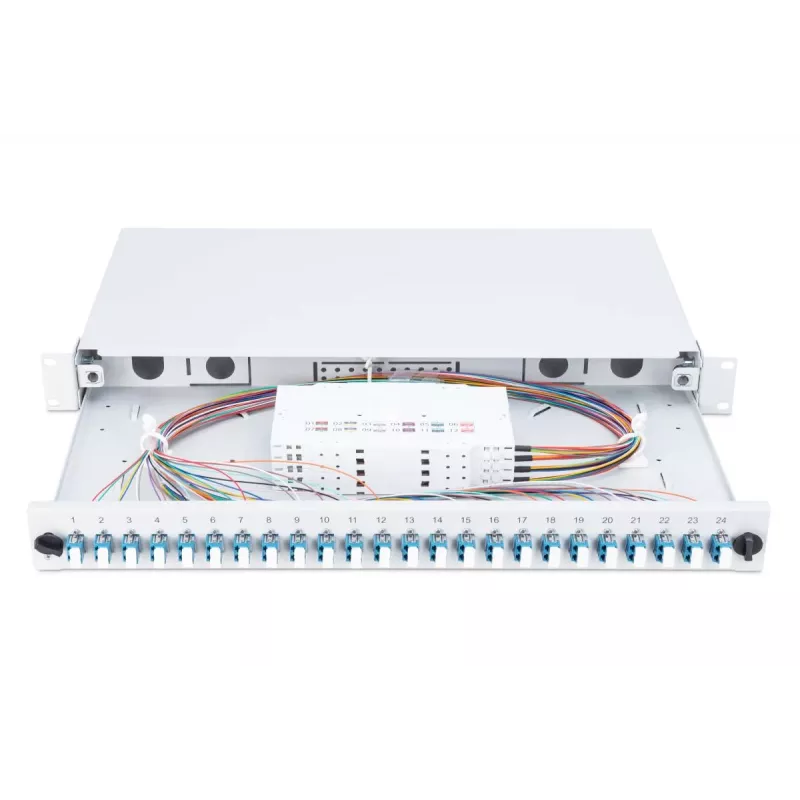 DIGITUS Fiber Optic Sliding Splice Box, 1U, Equipped 24x LC duplex, incl. M 25 Screw, Splice Cassette Color Pigtails OM4, Adapter