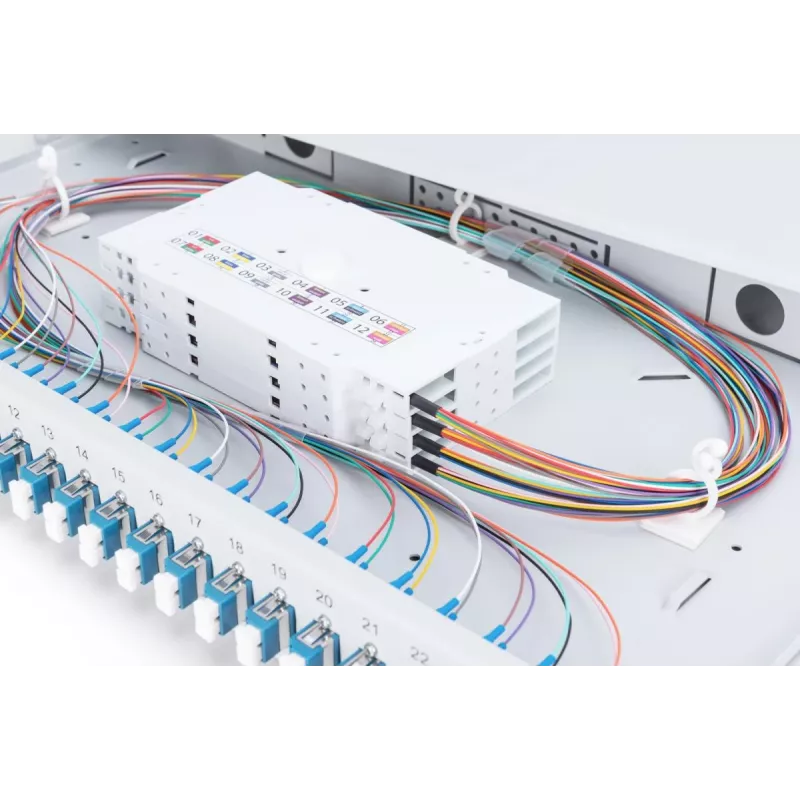 DIGITUS Fiber Optic Sliding Splice Box, 1U, Equipped 24x LC duplex, incl. M 25 Screw, Splice Cassette Color Pigtails OM4, Adapter