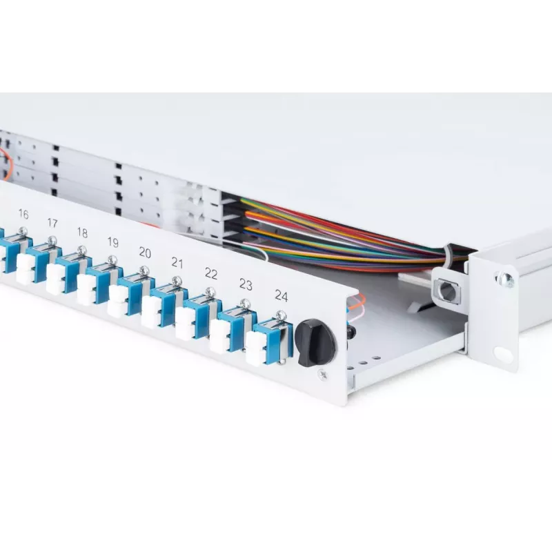 DIGITUS Fiber Optic Sliding Splice Box, 1U, Equipped 24x LC duplex, incl. M 25 Screw, Splice Cassette Color Pigtails OM4, Adapter
