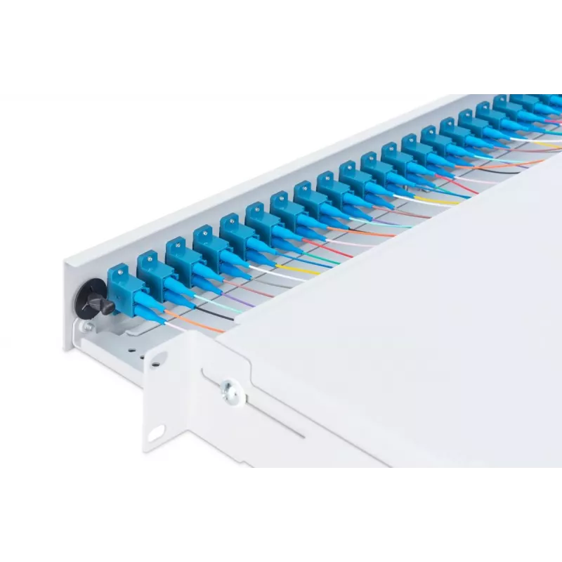 DIGITUS Fiber Optic Sliding Splice Box, 1U, Equipped 24x LC duplex, incl. M 25 Screw, Splice Cassette Color Pigtails OM4, Adapter
