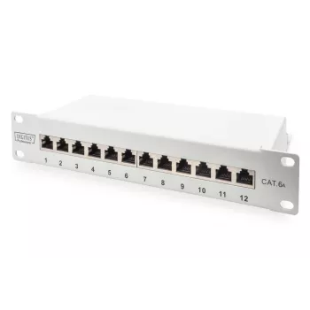 DIGITUS CAT6A skirstomasis skydas, ekranuotas, 12 prievadų etikečių laukas, 1U, 10 colių montavimui stove, pilka RAL 7035