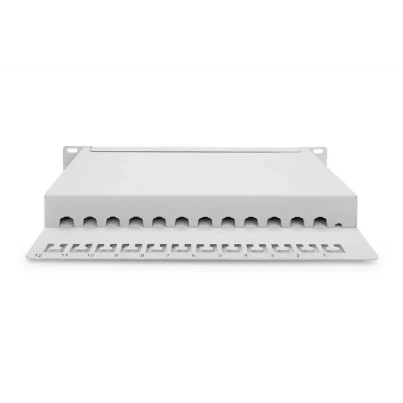 DIGITUS CAT6A skirstomasis skydas, ekranuotas, 12 prievadų etikečių laukas, 1U, 10 colių montavimui stove, pilka RAL 7035