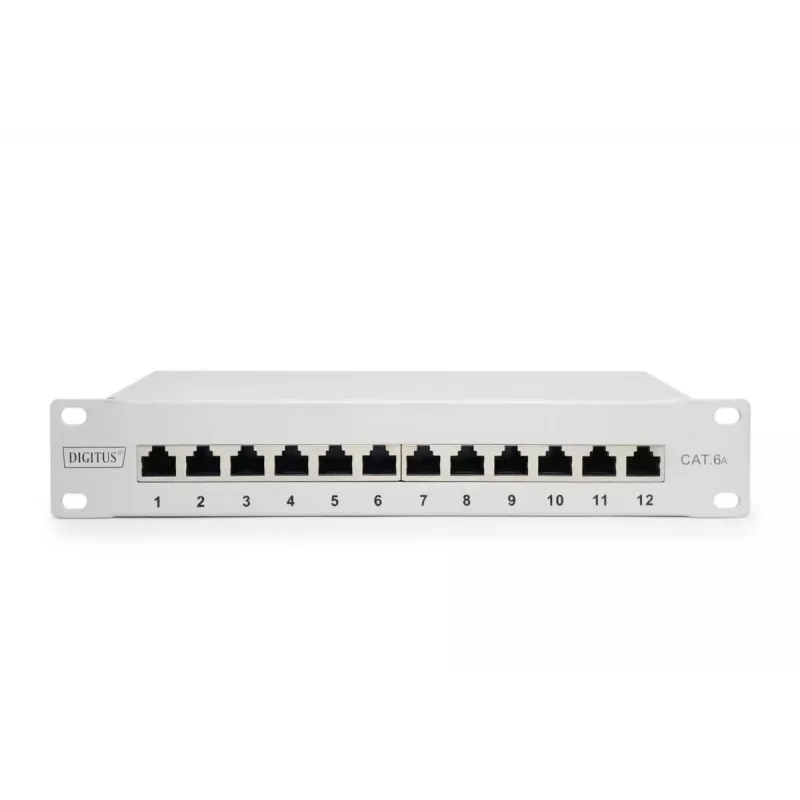 DIGITUS CAT6A skirstomasis skydas, ekranuotas, 12 prievadų etikečių laukas, 1U, 10 colių montavimui stove, pilka RAL 7035