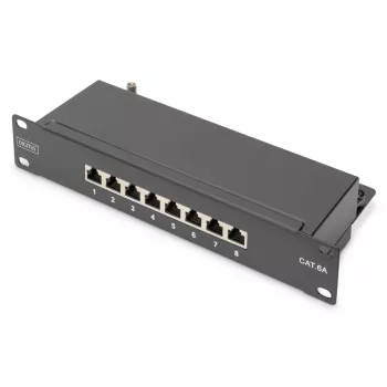 DIGITUS Patch Panel CAT6A ekranuotas, 8 prievadų 1U, 10 colių montavimui stove, juodas RAL 9005