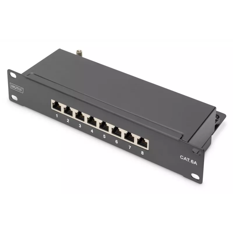 DIGITUS Patch Panel CAT6A ekranuotas, 8 prievadų 1U, 10 colių montavimui stove, juodas RAL 9005