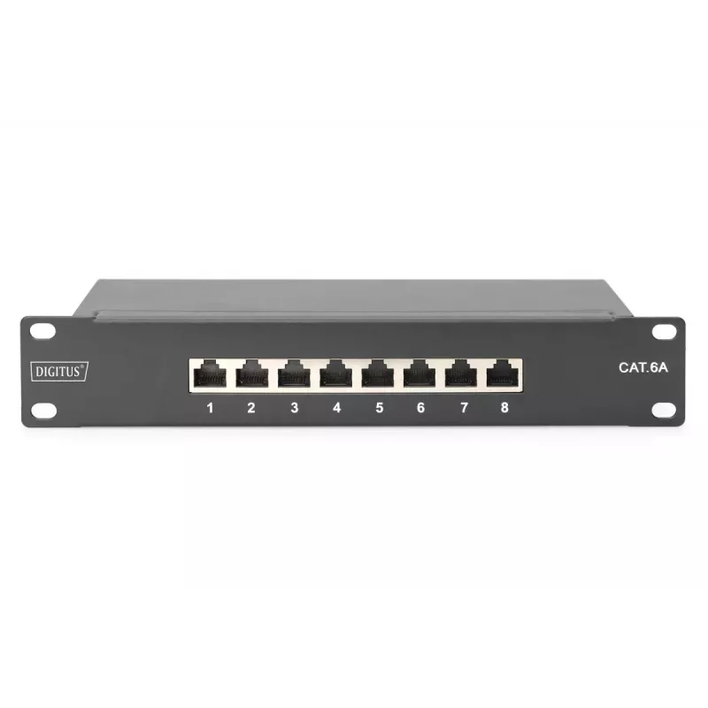 DIGITUS Patch Panel CAT6A ekranuotas, 8 prievadų 1U, 10 colių montavimui stove, juodas RAL 9005