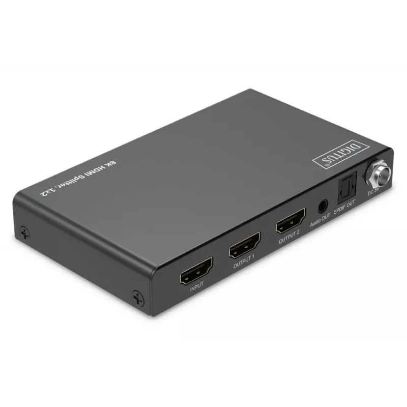 DIGITUS 1x2 HDMI skirstytuvas - 8K/60Hz (4:4:4), Toslink, stereo, EDID valdymas