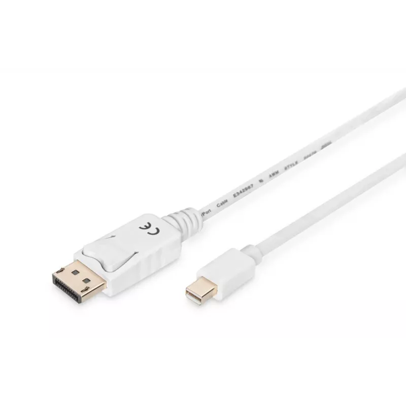 DIGITUS DisplayPort jungiamasis kabelis, mini DP - DP M/M, 3m su užraktu, DP 1.1a atitikmuo, baltas