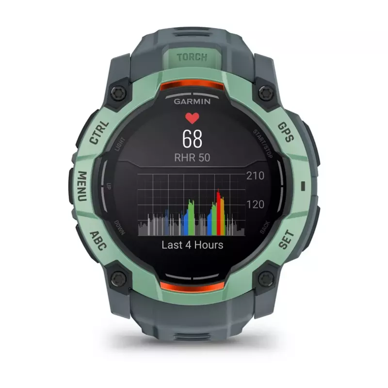 Išmanusis laikrodis GARMIN Instinct 3 AMOLED — 50 mm korpusas, 1,3 colio AMOLED, GPS/GLONASS/Galileo, 10 ATM, 24 dienų baterija