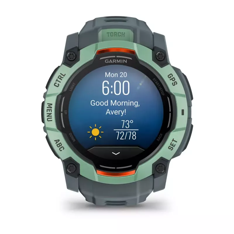 Išmanusis laikrodis GARMIN Instinct 3 AMOLED — 50 mm korpusas, 1,3 colio AMOLED, GPS/GLONASS/Galileo, 10 ATM, 24 dienų baterija