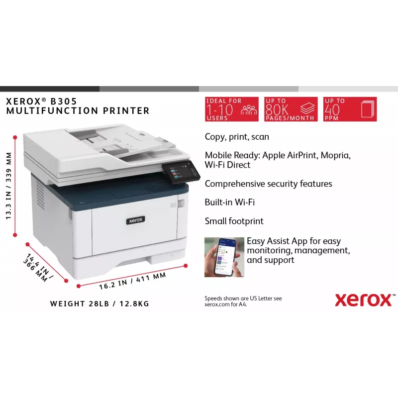 Xerox B305 A4 38ppm belaidis dvipusis kopijavimas/spausdinimas/nuskaitymas PS3 PCL5e/6 2 padėklai 350 lapų