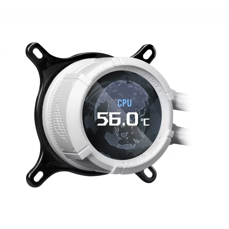 Viskas viename skysčio aušintuvas ASUS ROG Strix LC III 360 ARGB White Edition – 360 mm radiatorius, 3x 120 mm ventiliatoriai, LCD vandens blokas, PWM