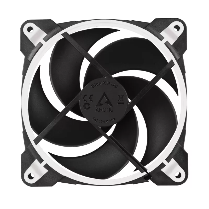 ARCTIC BioniX P120 (balta) – Slėgiui optimizuotas 120 mm žaidimų ventiliatorius su PWM PST