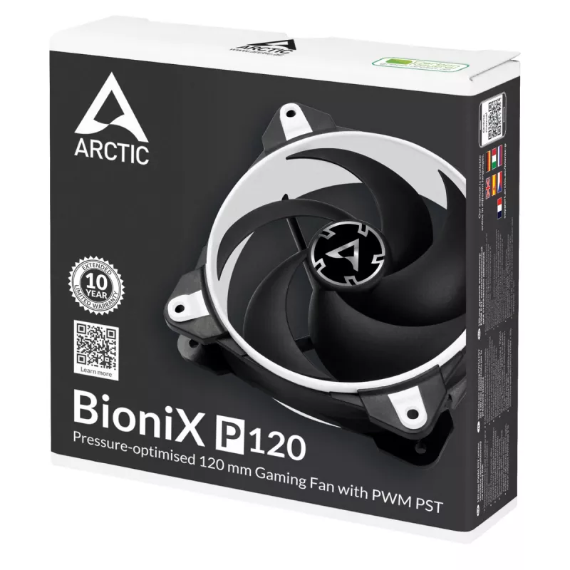 ARCTIC BioniX P120 (balta) – Slėgiui optimizuotas 120 mm žaidimų ventiliatorius su PWM PST