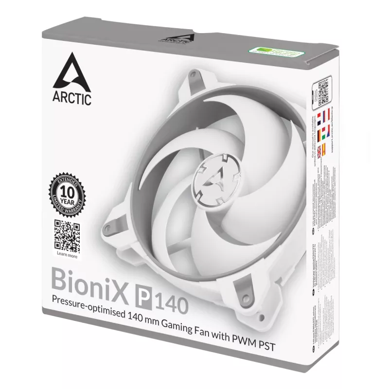 ARCTIC BioniX P140 (Pilka/White) – slėgiui optimizuotas 140 mm žaidimų ventiliatorius su PWM PST