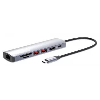 Manhattan USB-C dokas / šakotuvas su kortelių skaitytuvu, prievadai (x5): Ethernet, HDMI, USB-A (x2) ir USB-C, su Power Delivery (PD) iki 100 W – reikalingas išorinis USB-C įkroviklis (nepridedamas). Maitinamas per USB (nereikia išorinio maitinimo šaltinio), kai PD nenaudojamas